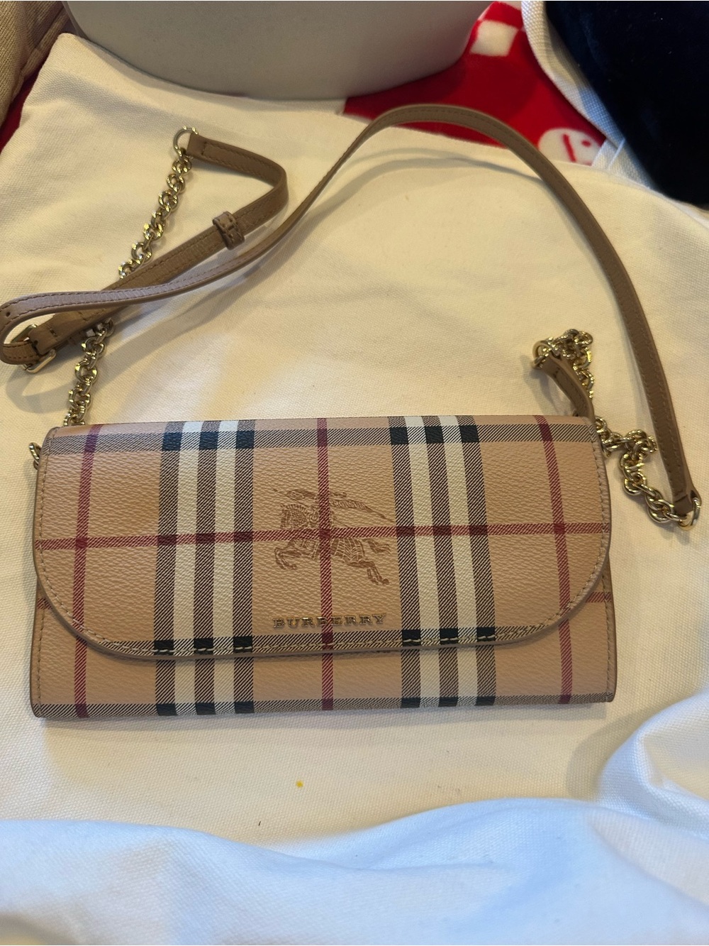 Burberry Beige Check Crossbody Wallet Bag with Gold Chain